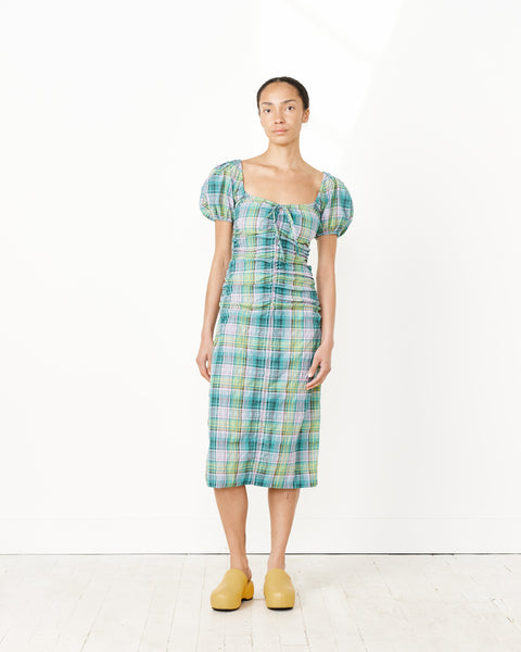 Seersucker Check Gathered U-Neck Midi Dress in Lagoon Seersucker Check Gathered U-Neck Midi Dress in Lagoon