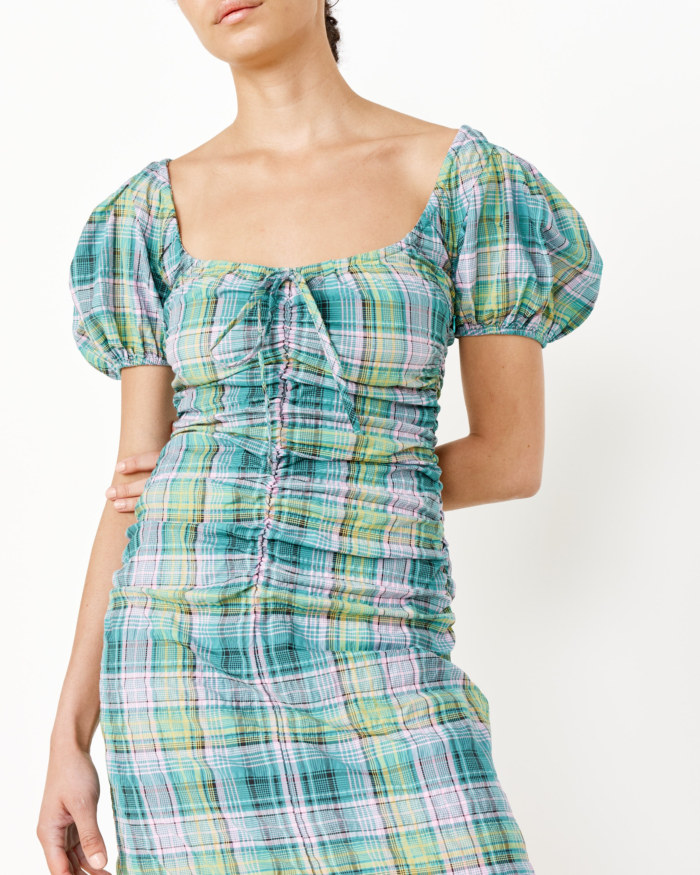 Seersucker Check Gathered U-Neck Midi Dress in Lagoon Seersucker Check Gathered U-Neck Midi Dress in Lagoon