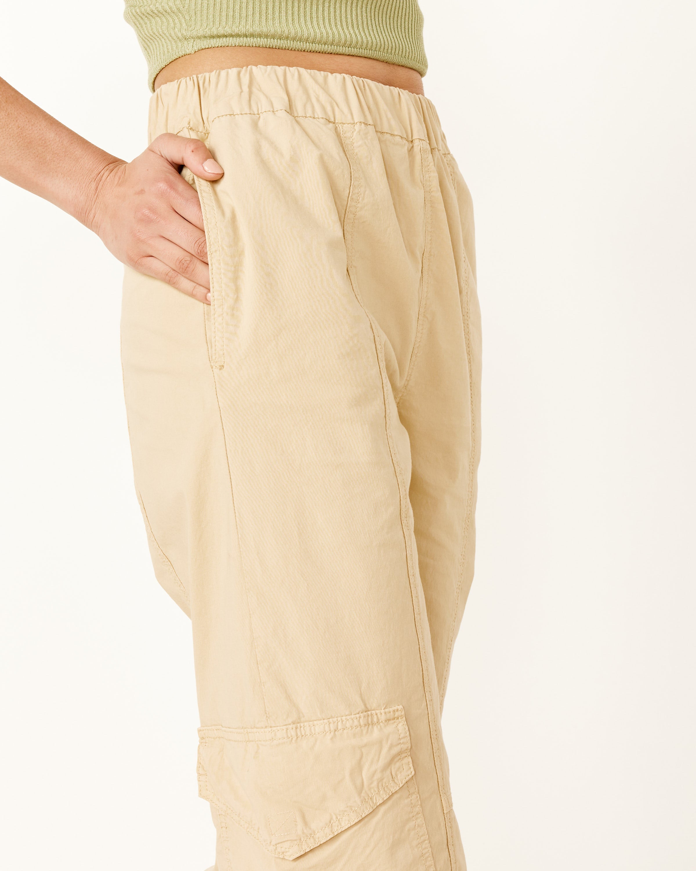 Washed Canvas Elasticated Curve Pants in Pale Khaki