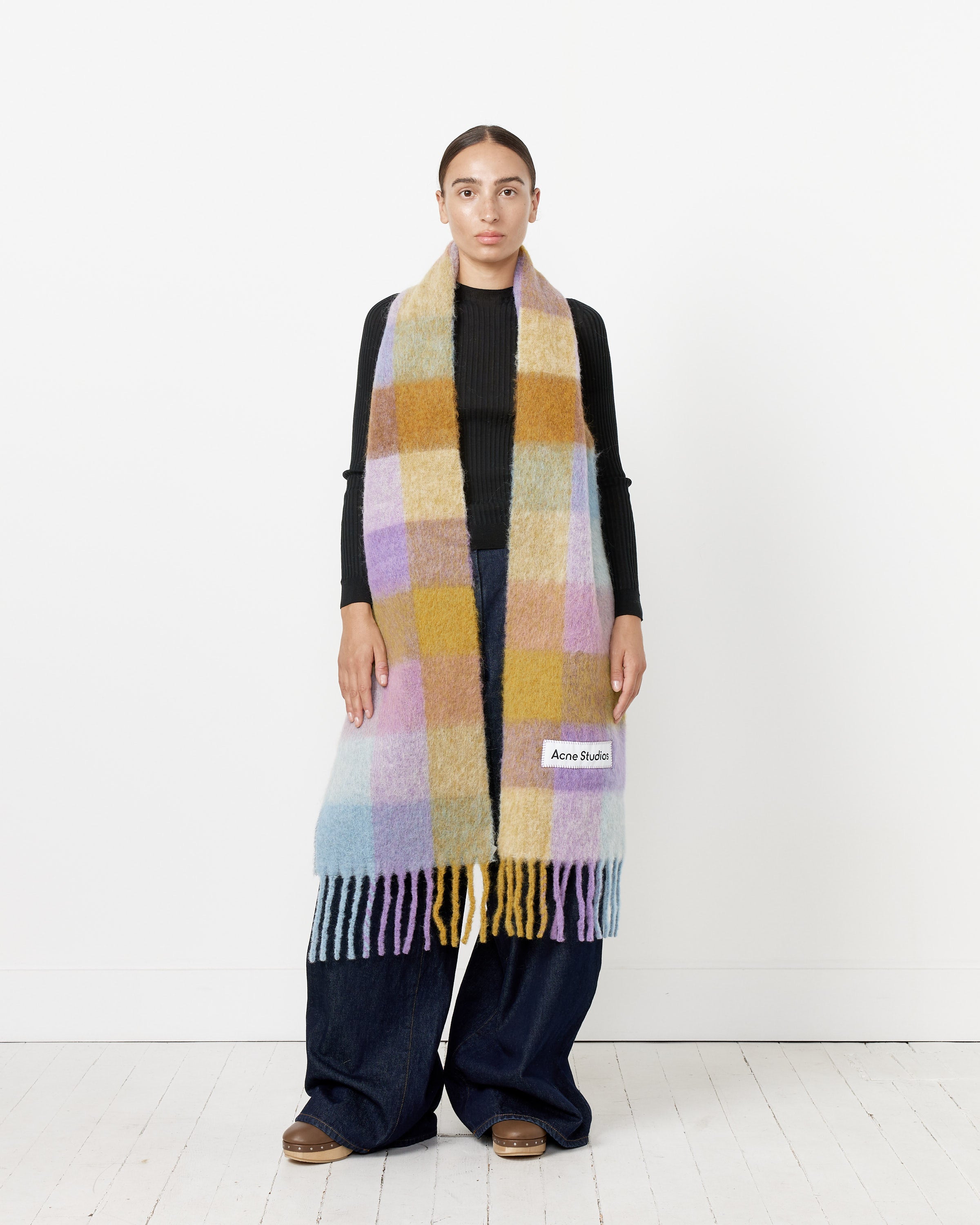 Mohair Checked Scarf in Violet/Yellow/Blue
