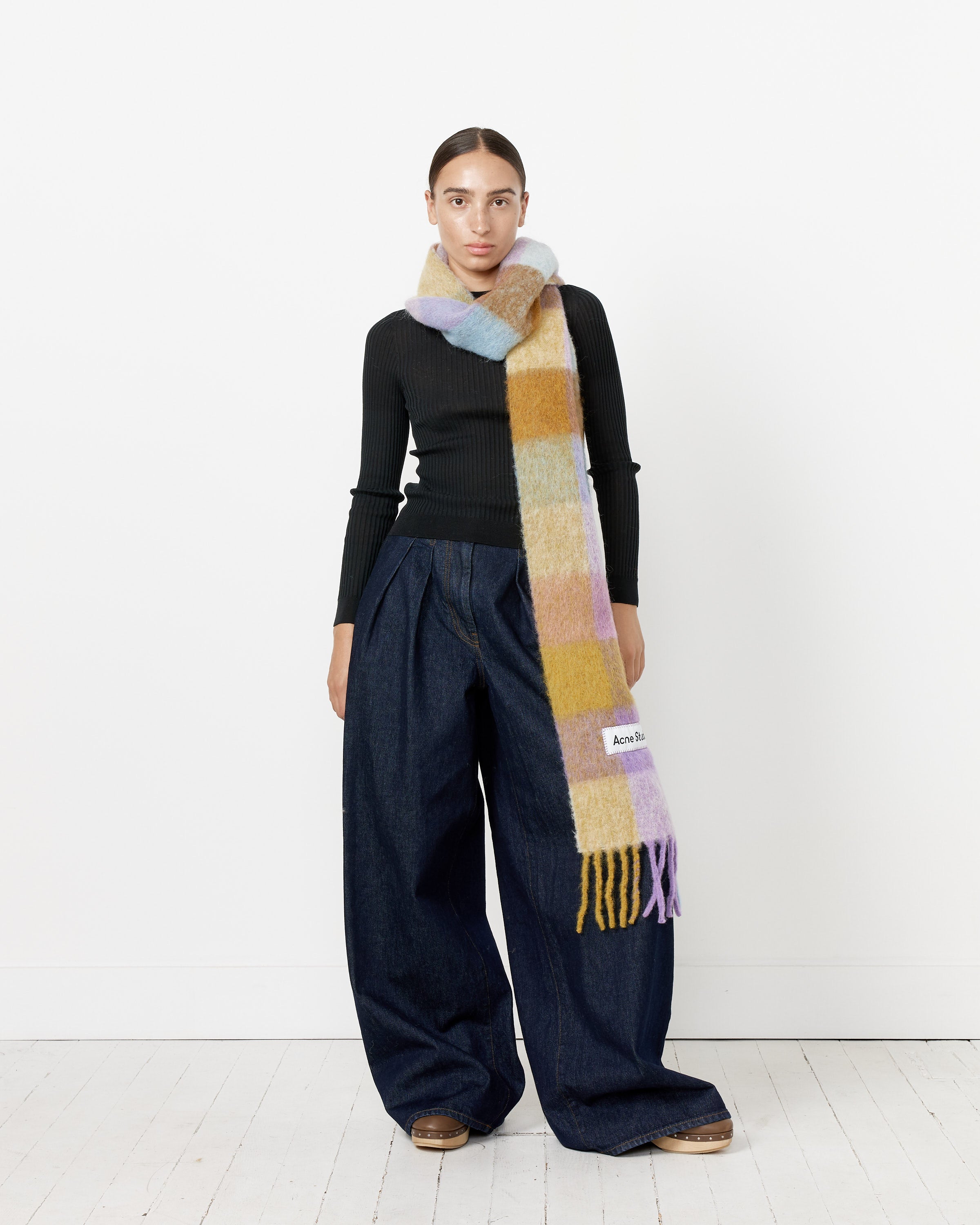 Mohair Checked Scarf in Violet/Yellow/Blue